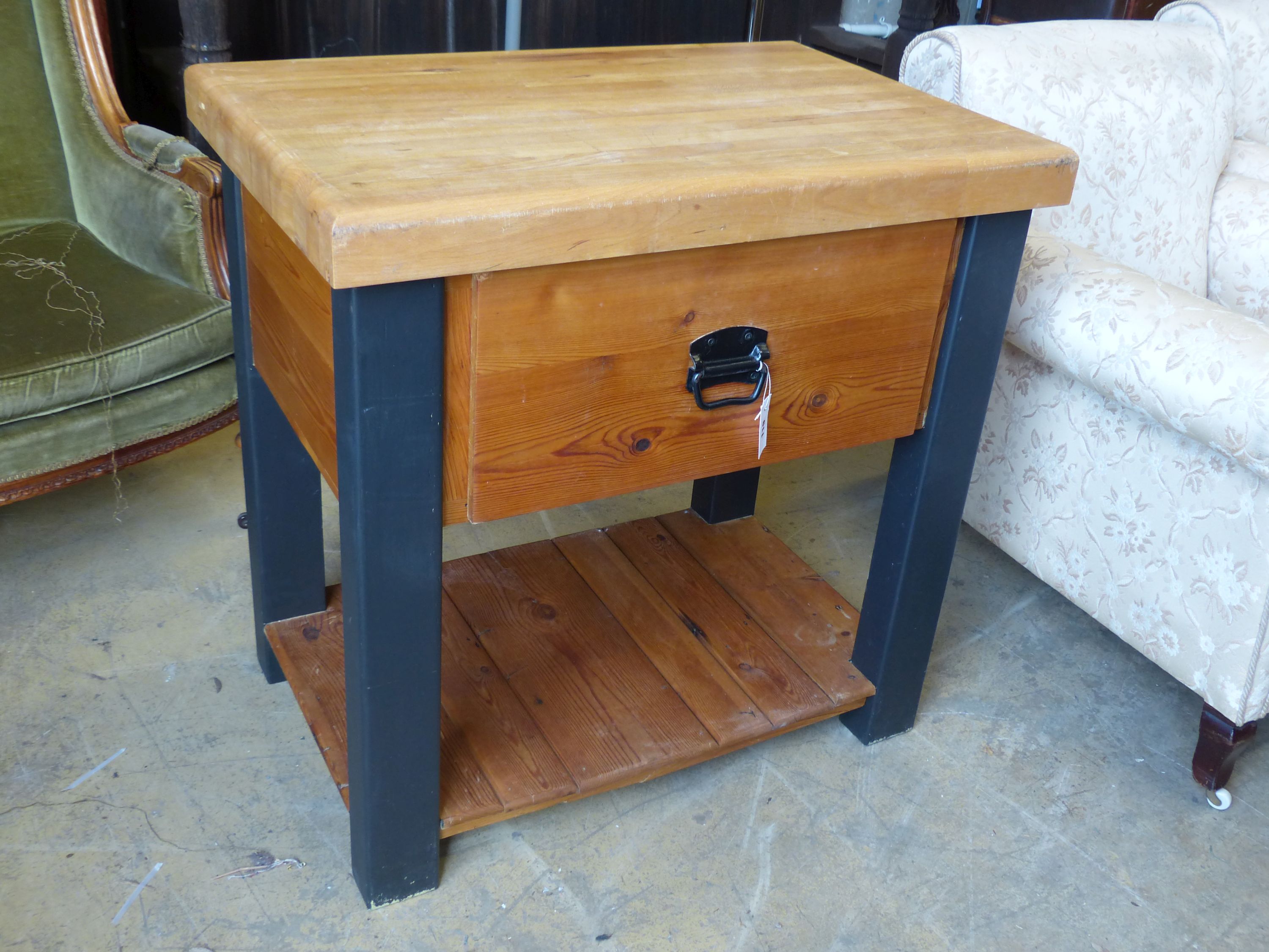 A pine and beech butcher's block table, width 92cm, depth 60cm, height 92cm
